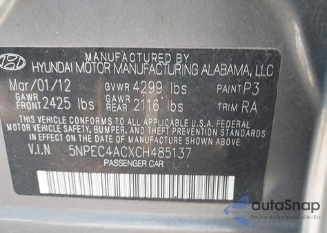 2012 Hyundai Sonata Limited z USA, uszkodzony, nr VIN 5NPEC4ACXCH485137